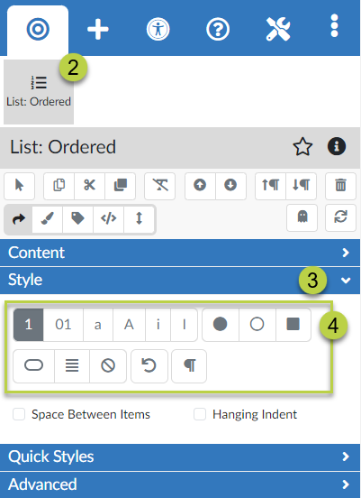 Steps to adjust the List Style Using the DesignPLUS sidebar.