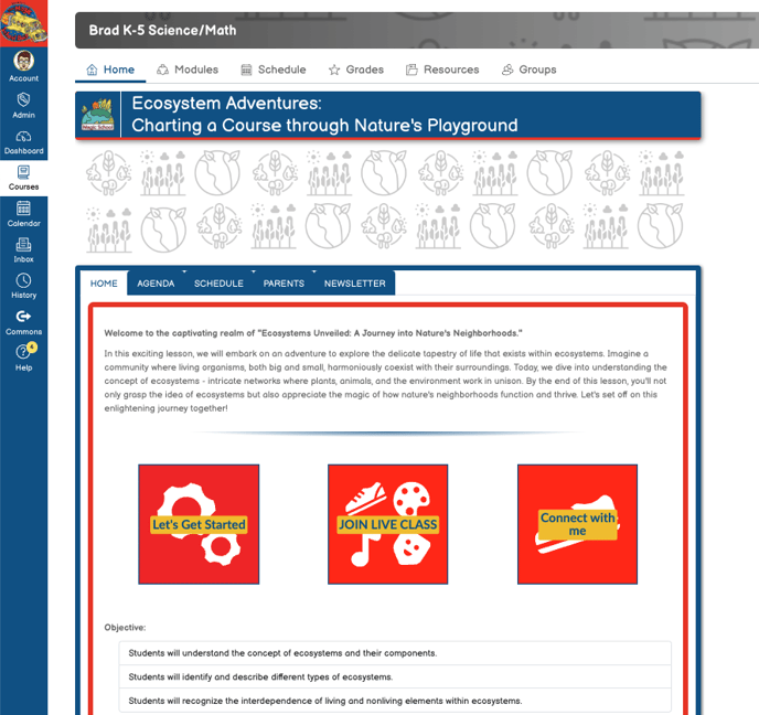 An example Dashboard of a page with Canvas for Elementary.