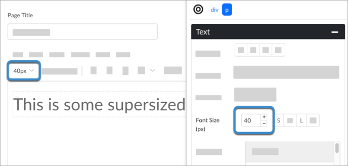 40px is displayed in the Canvas RCE and 40px is displayed in the Style Editor