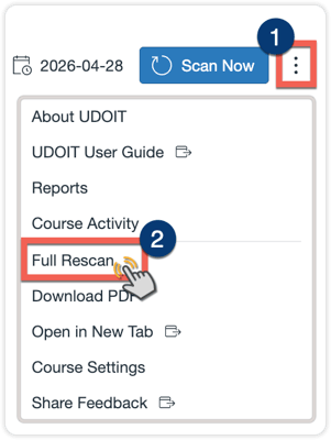Users may kick off a full rescan of all course content and files by selecting the kebab menu and selecting "full rescan."