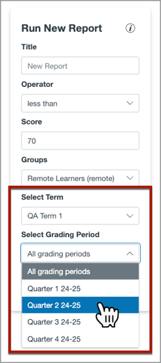Report configuration panel, showing a Term selected, and a dropdown menu showing four quarters within that term