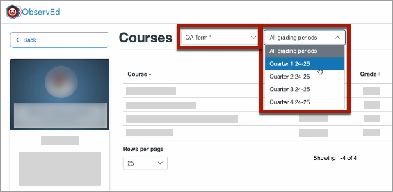 The Student Details page of ObservEd, highlighting the Term dropdown menu, and a second dropdown menu showing 4 quarterly grading periods