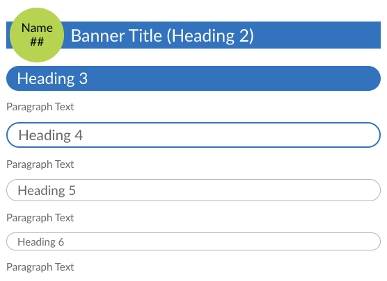 Example of heading hierarchy where the heading 2 has a square background, the heading 3 has an oval background, and headings 4 to 6 have oval borders, and the size of the font decreases from H4 to H6