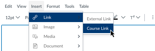 The Canvas Rich Content Editor Menu focused on Insert: Link: Course Link