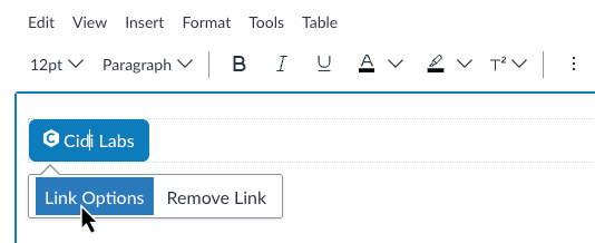 A DesignPLUS Button link with icon inside the RCE, selected, and the user is about to choose Link Options