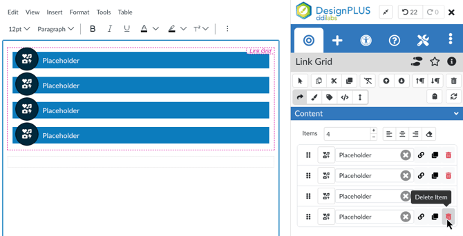 A Link Grid is in the editor, and the user is hovering over the delete item button for an individual link, from within the Link Grid tool in the Sidebar