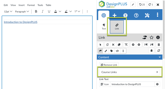 The Sidebar with Link tool selected and the Course Links button highlighted