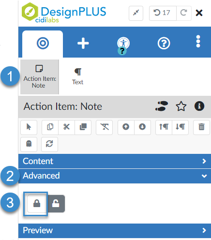 Steps to lock an item in the Advanced panel.