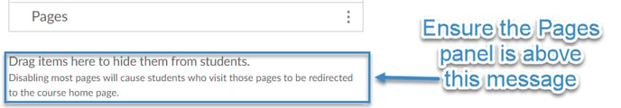 Ensure the Pages panel is above the message "Drag items here to hide them from students."