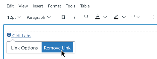 A plain link with a DesignPLUS icon inside the RCE, selected, and the user is about to choose Remove Link