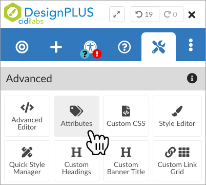 the Advanced tab, with a mouse cursor hovering over the Attributes tool