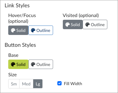 the Style panel of the sidebar, showing a blue outline Hover/Focus Link Style; a green solid Base Button Style; the Large (Lg) size selected; and the Fill Width option checked.