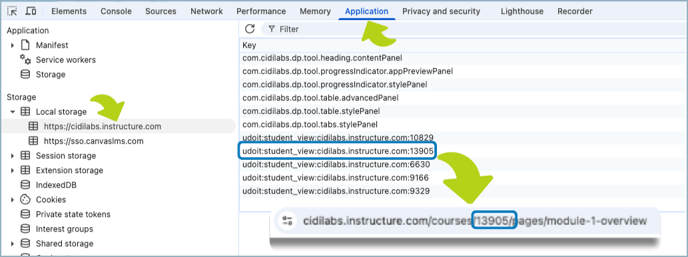 Console with arrows showing Cidi Labs storage, application tab, and course number.
