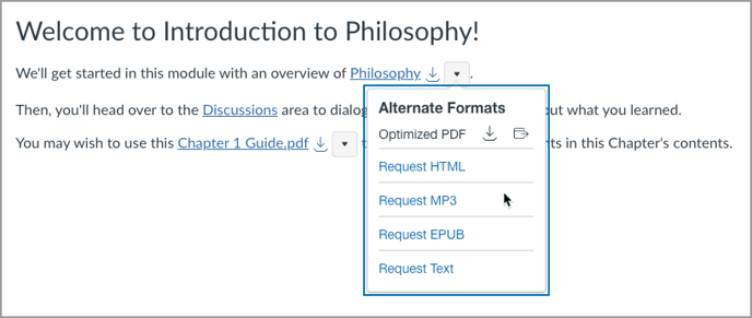 Canvas page showing the UDOIT student view drop down with alternate formats available