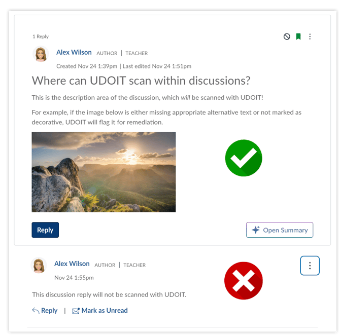 Discussion posts where UDOIT can, and cannot, scan.
