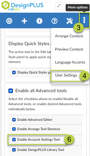 Settings Tools Menu Why can't I see the Account Settings tool in the DesignPLUS sidebar?