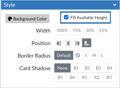 The Style panel for Cards shows a checkbox to Fill Available Height