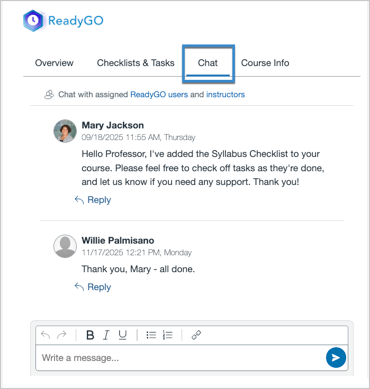 ReadyGO Instructor LTI tool showing messages in the Chat tab