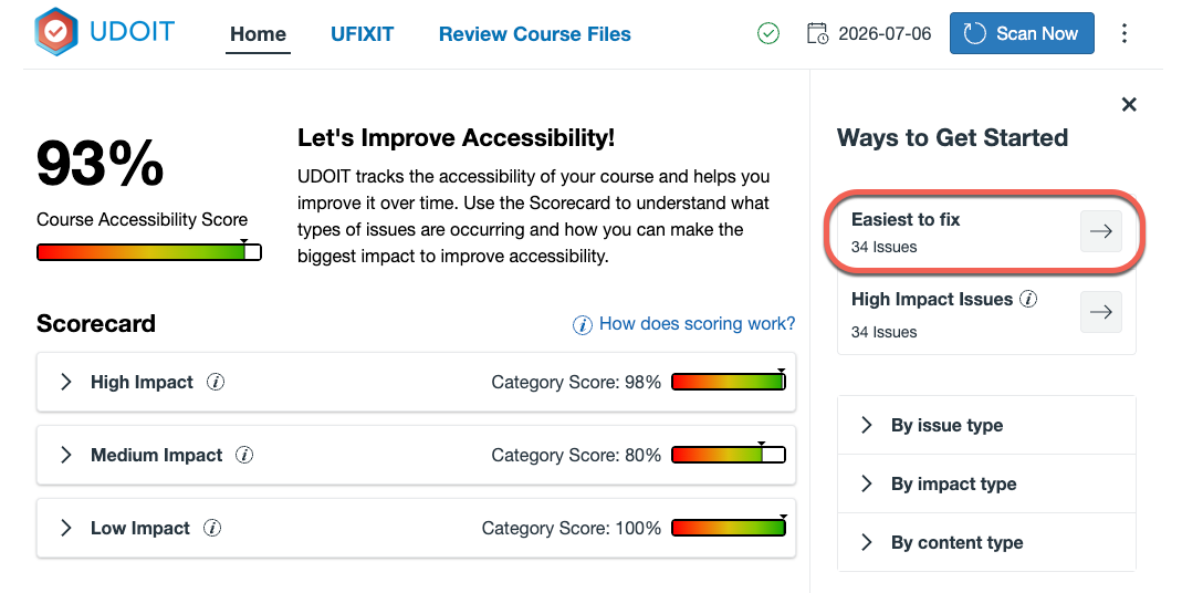 UDOIT Home page showing the Easiest to Fix link in the Ways to Get Started area