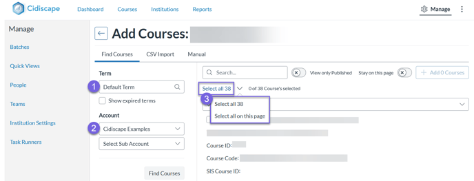 Steps to select the courses in the Term and Account or to select only the courses on the page.