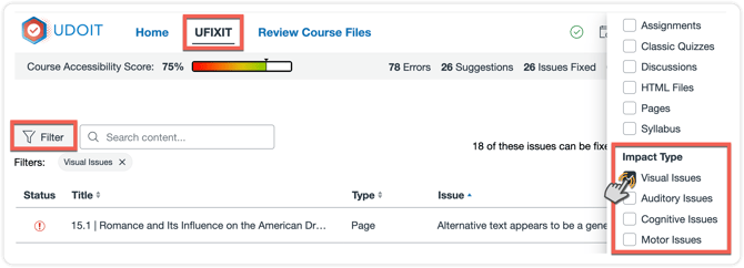 Issues in UFIXIT can be filtered by any of the four impact types.