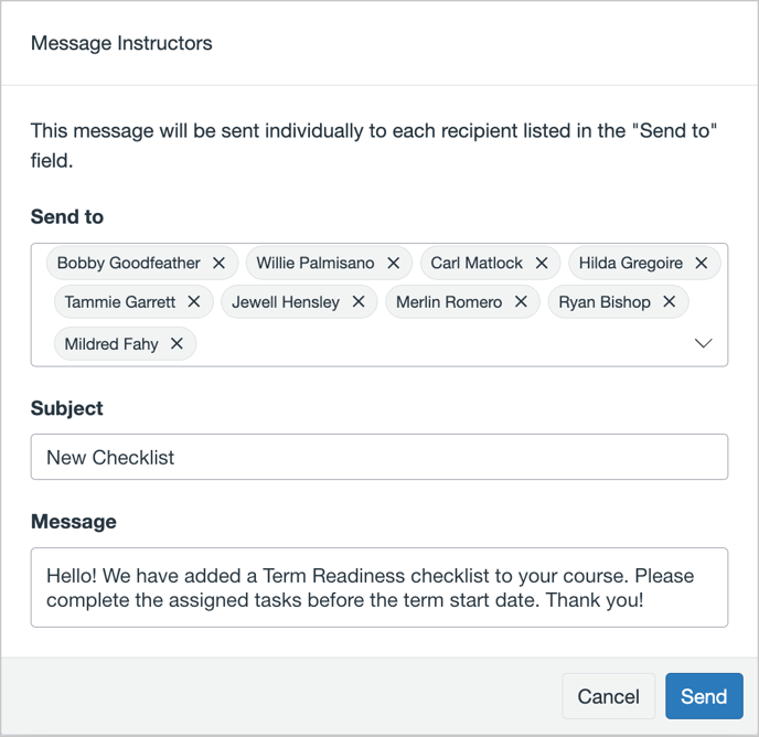 Bulk message instructor window with send to, subject, and message fields