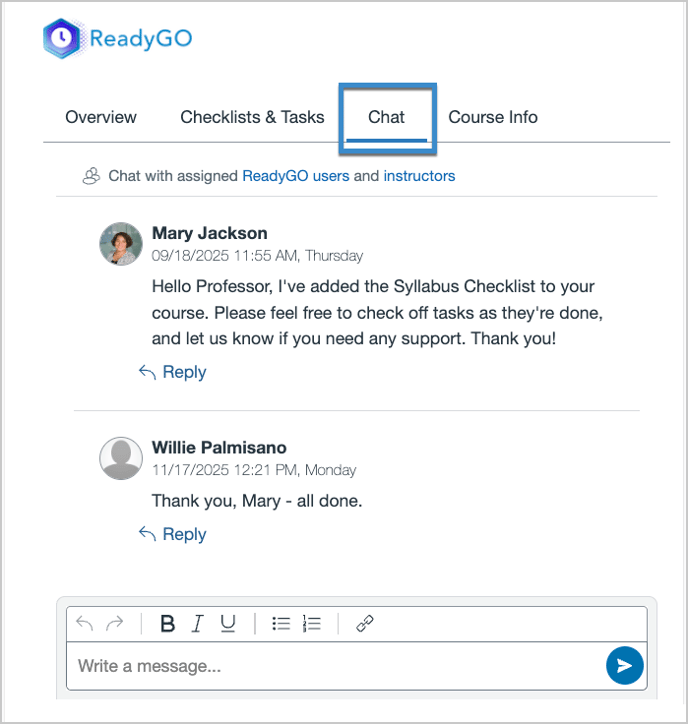 Conversation record in ReadyGO Instructor Chat panel
