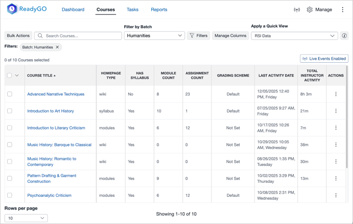 Humanities batch Courses tab showing homepage types, syllabus yes or no, module count, and more